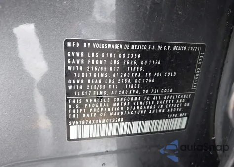 2022 Volkswagen Tiguan 2.0T S z USA, uszkodzony, nr VIN 3VV1B7AX3NM028268